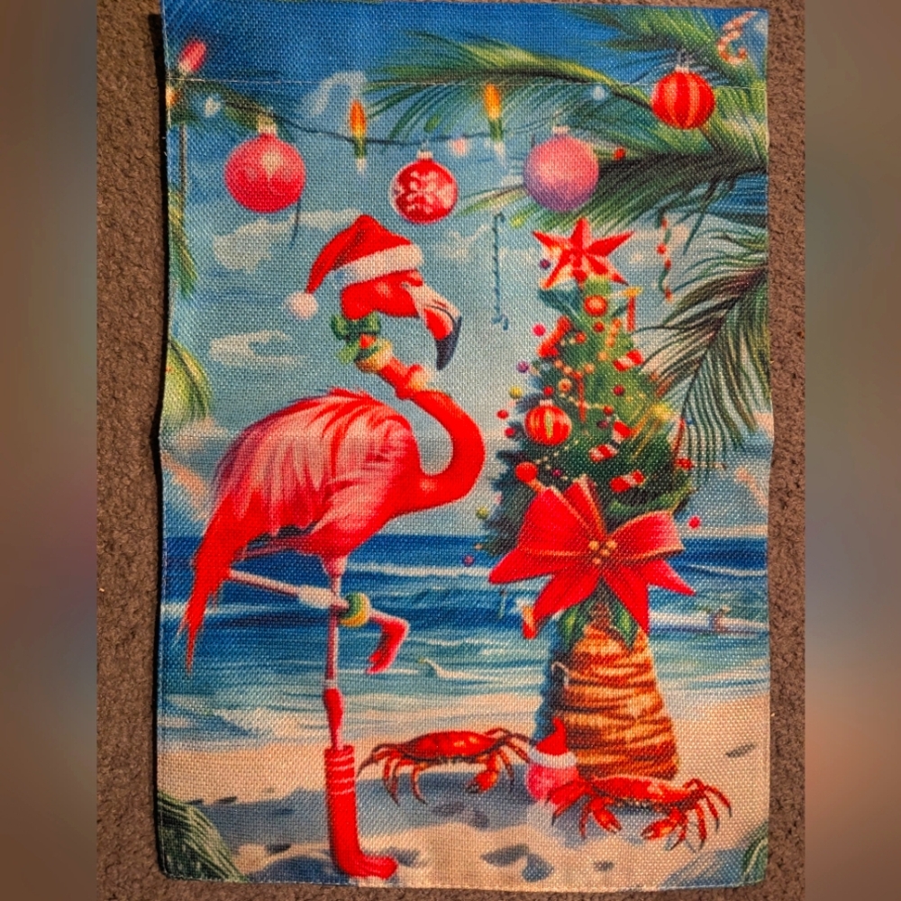 2/$12 - Santa Flamingo on the Beach Garden Flag